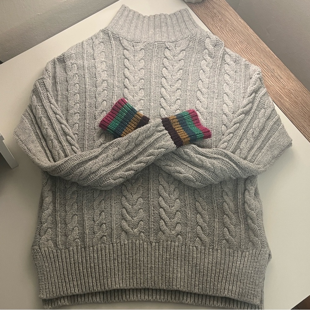 Boden Gray Cable Knit Turtleneck Sweater with Multicolor Cuffs